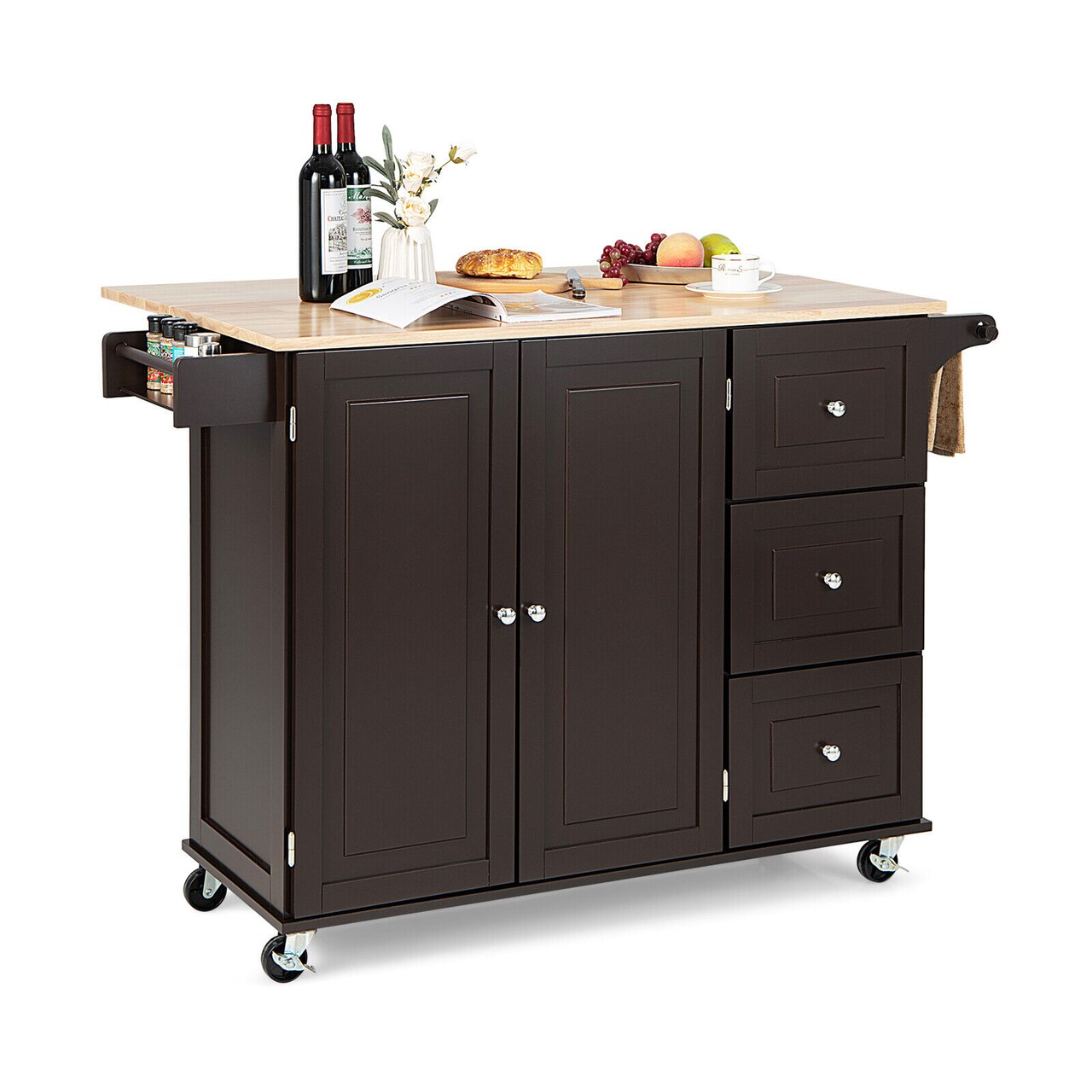 Wooden Kitchen Island Trolley with Storage Cabinet and Drop Leaf
